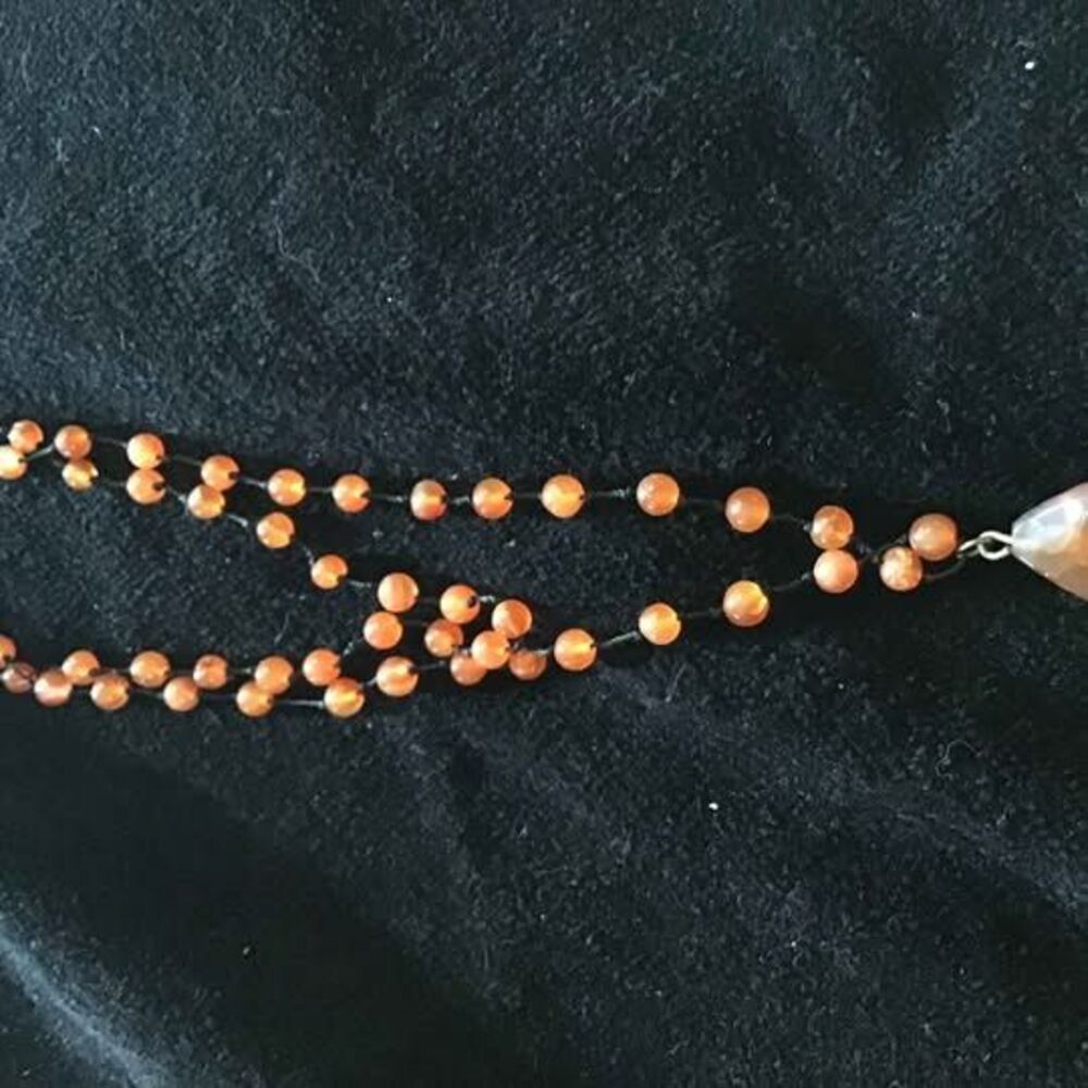Carnelian Bead Necklace with Teardrop Pendant. Hand knotted and vintage
